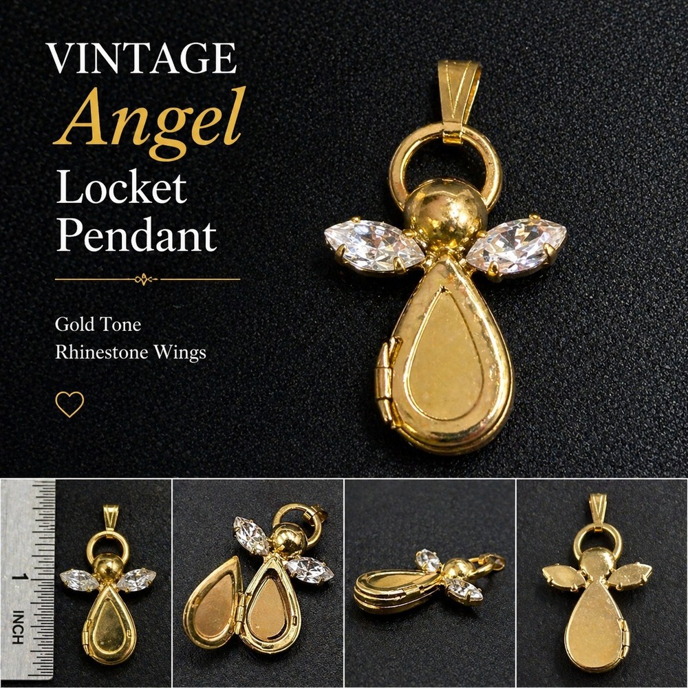 Vintage Gold Tone Angel‎ Locket Pendant Rhinestone Wings Guardian Angel Charm